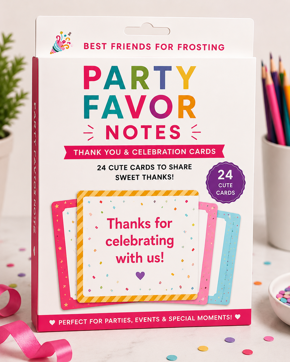Box of 'Party Favor Notes' cards with colorful text and a sample card on a light background.